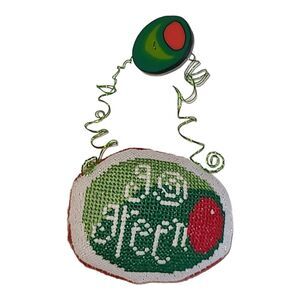 Vintage Handmade Go Green Olives Cross Stitch Embroidery Ornament Home/Bar Decor